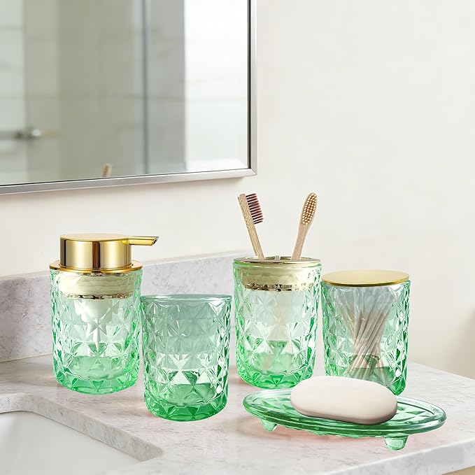 5PCS Bathroom Accessory Set,Green Bathroom Countertop Organizer Set with Soap Dispenser, Toothbrush Holder, Tumbler, Q-tip Holder & Soap Dish,Elegant Functional Glass Set, Gift for Home & Apartment