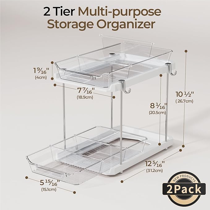 Delamu Under the Sink Organizer, 2-Tier Pull-Out Cabinet Drawers with Adjustable Shelf & Hooks, Under Sink Cabinet Organizer for Bathroom, Kitchen, Vanity & Every Household(White, 2 Pack)