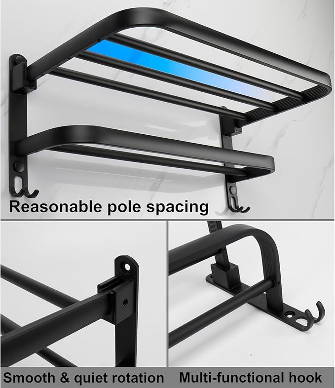 TocTen Towel Rack for Bathroom, Foldable Towel Holder with Double Towel Bars, Wall Mounted Premium Aluminum Bathroom Tower Shelf, Space-Saving Towel Hanger for Bathroom, Lavatory (Black,24 in)
