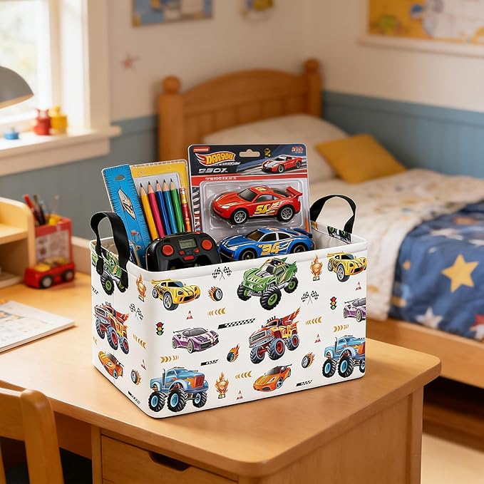 Rectangular Monster Truck Basket Storage Bins,Nursery Hamper Canvas Laundry Basket Foldable with Waterproof PE Coating for Kids, Office, Bedroom, Clothes,Toys(Rec-Monster Truck