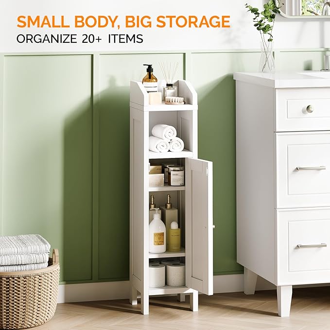 VINGLI Small Storage Corner Floor Cabinet, 7.9" Narrow Toilet Paper Storage Holder with Fluted Door, Skinny Freestanding Organizer for Small Spaces, Slim Bathroom Storage Cabinet, White