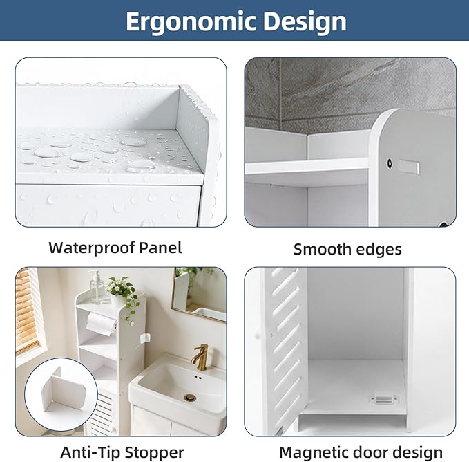 BorealBear Slim Bathroom Cabinet with Toilet Paper Holder Spindle, Fits Mega & Super Mega Rolls, Narrow Freestanding Floor Cabinet with Door and Shelves, Anti-Tip Wall Anchor Included