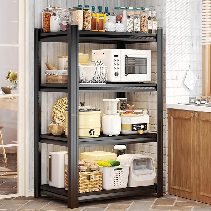4-Tier Kitchen Shelf Organizer, Solid Metal Adjustable Storage Rack for Pots, Pans, Bottles & Pantry Goods, Space-Saving, Black (54" H x 45.2" W x 15.7" D)