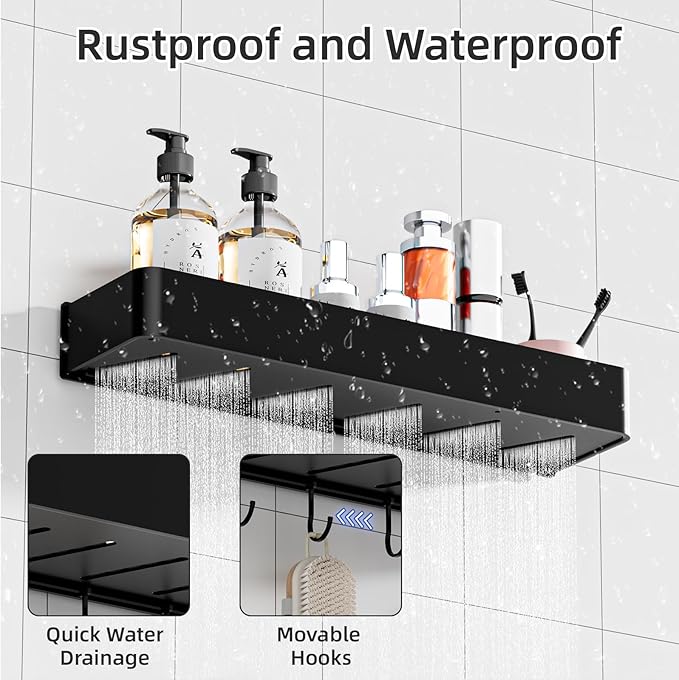 Wisfame Adhesive Shower Caddy,Rustproof Shower Shelve with Large Capacity,Quick-Dry Metal Bathroom Shelves with 5 Hooks, 2 Pack Drill-Free Durable Shower Organizers and Storage, Black