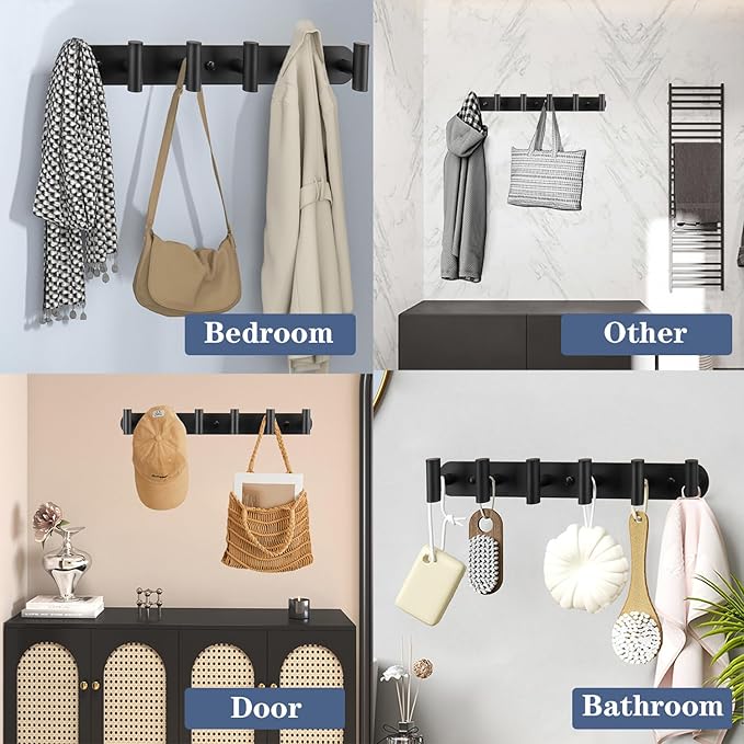 Coat Hook Rack, Wall Mounted Coat Rack with 12 Hooks, Heavy Duty Towel Hooks Rack Wall Hooks for Hanging Clothes, Stainless Steel Coat Hanger for Bathroom Entryway Mudroom(Matte Black)