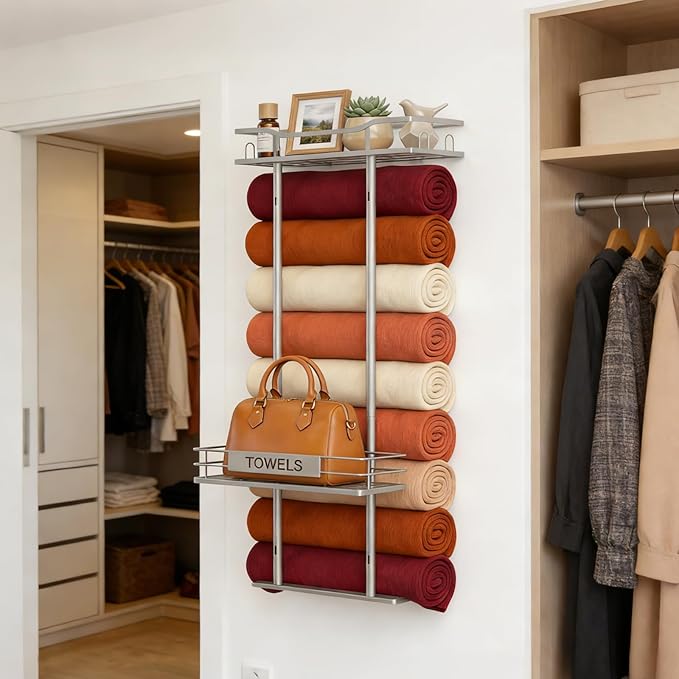 Towel Racks for Bathroom, 30inch Wall Mounted Towel Rack, Towel Storage for Small Bathroom Can Holds 6 Large Towels, Floating Shelf with Adjustable Tissue Basket(Sliver).