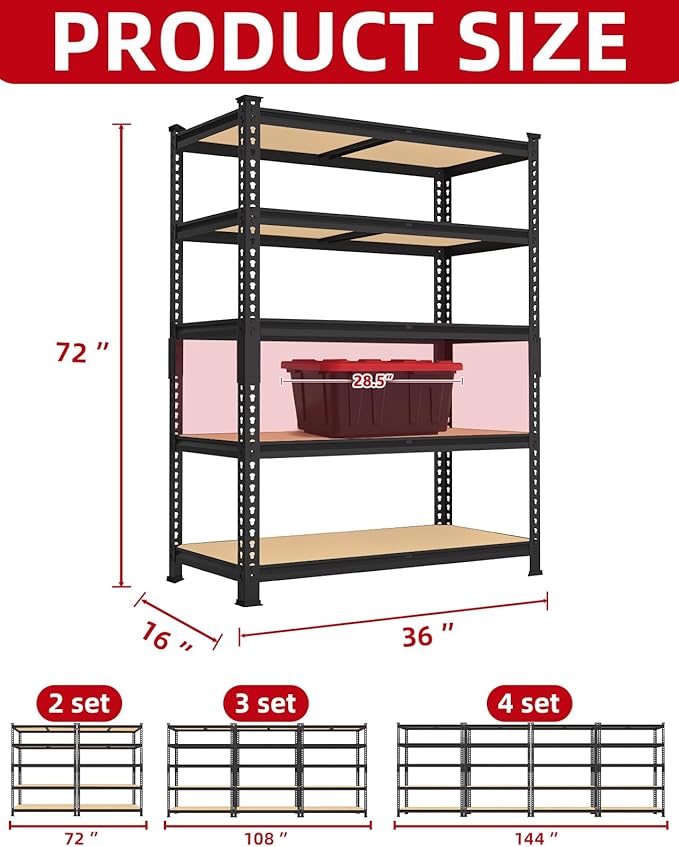 PrimeZone 36" x 16" x 72" Heavy Duty Storage Shelves - 5 Tier Adjustable Garage Storage Shelving, Metal Storage Utility Rack Shelf Unit for Warehouse Pantry Closet Kitchen, Black, 2 Pack