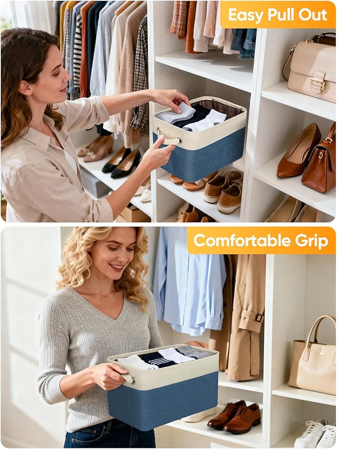BALEINE 3 Pack Fabric Closet Storage Bins for Shelves, Linen Closet Organizers and Storage, Decorative Baskets for Organizing, Shelf, Clothes, Home, Office (Navy Blue, 17''x13''x10.5'')