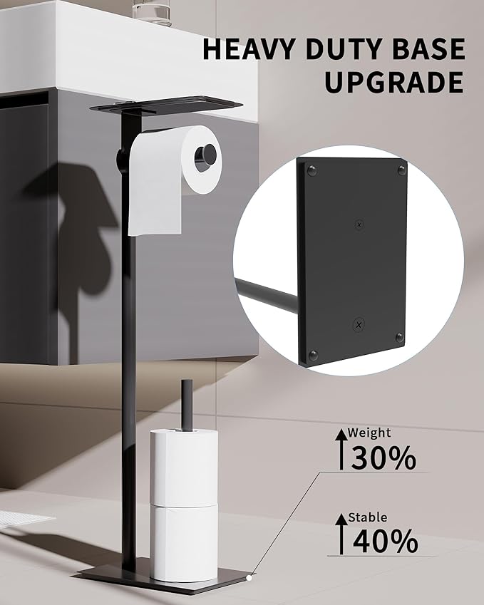 Toilet Paper Holder Stand, Free Standing Toilet Paper Holder with Shelf for Bathroom, Stainless Steel Toilet Paper Roll Holder with Storage, Reserve for 3 Rolls, Weighted Base(Matte Black)