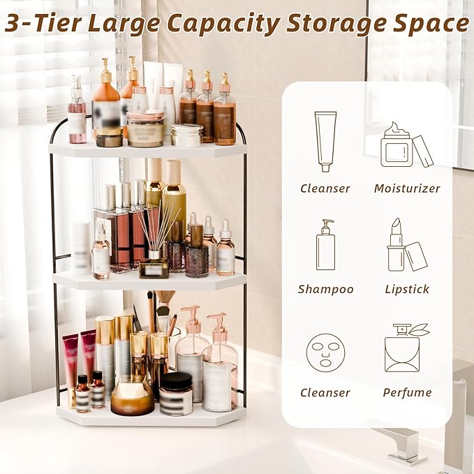Corner Bathroom Counter Organizer, 3-Tier Wood Countertop Organizer for Perfume, Makeup Storage, Skincare Organizers for Vanity, Counter Corner Shelf for Kitchen, Bathroom, Dresser (White)