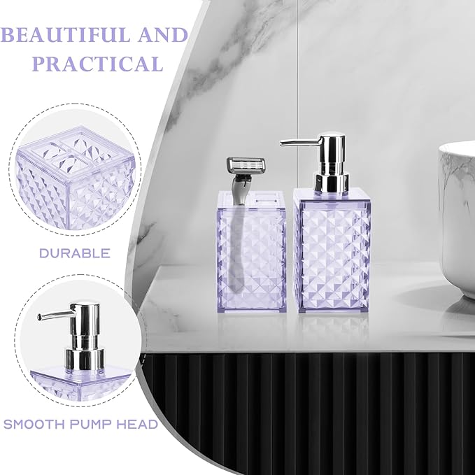 Bathroom Accessories Set 2 PCS, Purple Bathroom Accessories Include Soap Dispenser and Toothbrush Holder, Diamond Pattern Bathroom Set for Boho Bathroom Decor