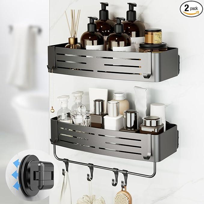 Onemake Shower Caddies Suction Cup, 2-Pack Removable Bathroom Shelf, Shower Organizer with Portable Hooks, Shower Caddy Corner Waterproof Holder with Towel Bar, Gray