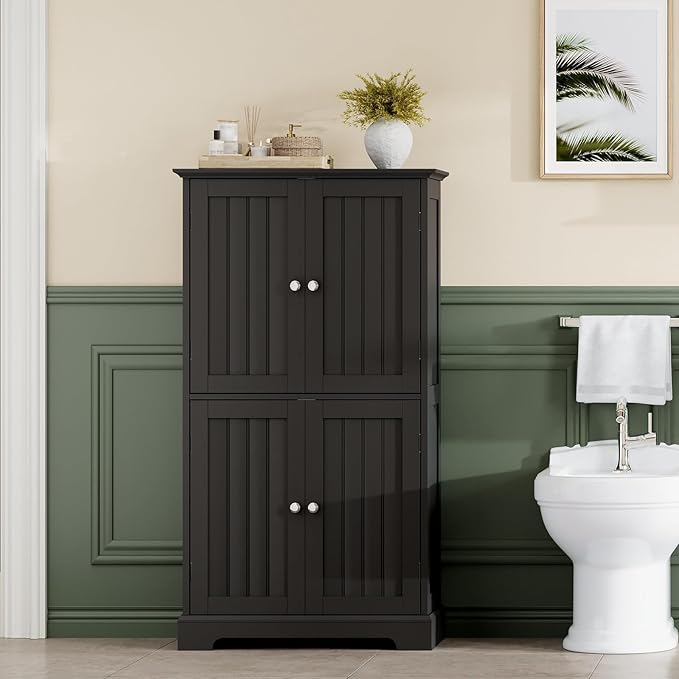 ChooChoo Bathroom Floor Cabinet, Modern Bathroom Storage Cabinet with 4 Doors and Adjustable Shelves, Freestanding Cupboard for Living Room, Black