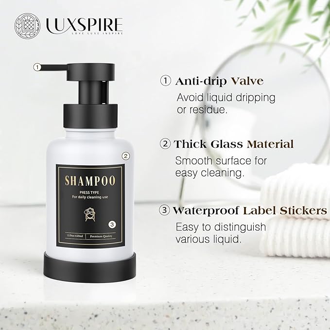 Luxspire Foaming Soap Dispenser, Glass Foam Pump Soap Dispenser, Non-Slip Hand Soap Bottle with 5 Waterproof Labels, 15 Oz Refillable Liquid Soap Bottle for Bathroom & Kitchen, White, 1 Pack
