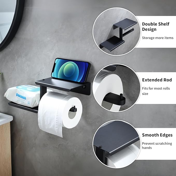 Adhesive Toilet Paper Holder with Double Shelf, No Drilling Wall Mount Toilet Tissue Roll Holder, Rustproof & 304 Stainless Steel Bathroom Storage Dispenser