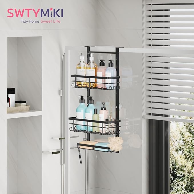 SWTYMIKI Over The Door Shower Caddy - 3 Tier Rustproof Hanging Shower Organizer with Adjustable Shelves, 28 Hooks & Soap Holder, Hanging Shower Rack Storage for Bathroom Accessories, Black