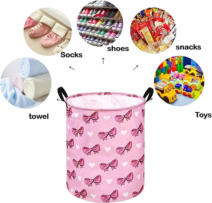 Kids Laundry Hamper Storage Basket Laundry Organizer Hamper Storage Bins Clothes Box Nursery Hamper Gift Basket with Handles (Bowknot)