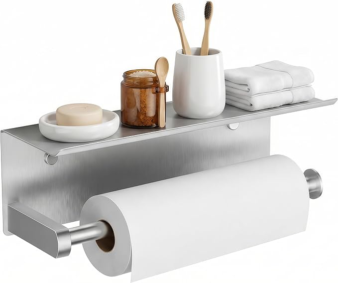 FORIOUS Paper Towel Holder with Shelf, SUS304 Stainless Steel Paper Towel Holder with Storage Shelf, Wall Mount Screw Paper Roll Organizer Commercial Paper Hand Towel Dispensers, Sliver