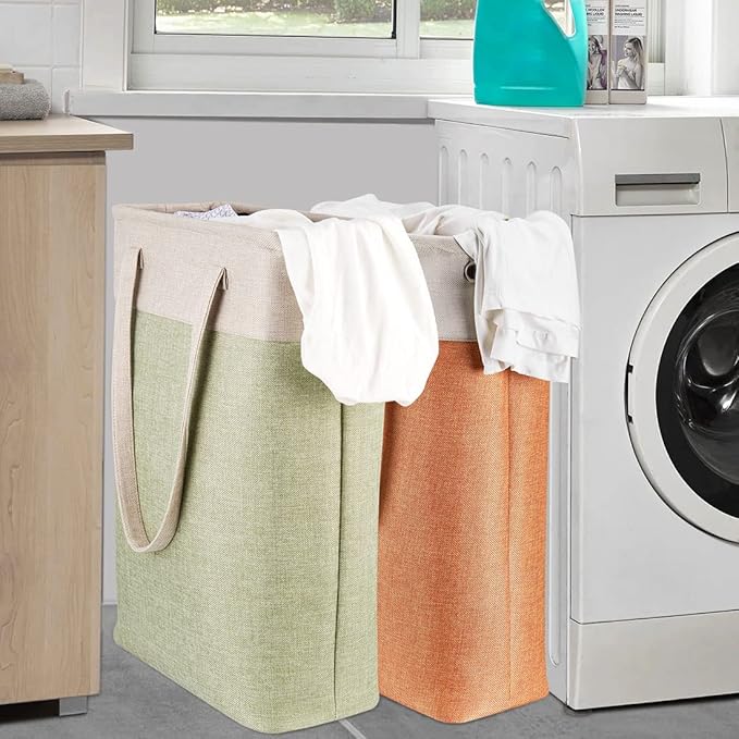 Laundry Basket with Handles Beige&Green Slim Laundry Bin Collapsible Dirty Clothes Basket Narrow Laundry Bag Foldable Dirty Hamper for Camping, Dorms, Apartments