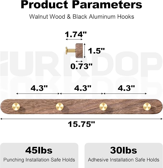 16 Inch Walnut Wood Wall Mounted Coat Rack with 4 Golden Round Hooks, Adhesive Mounted Entryway Hooks, Modern Natural Wooden Pegs for Hanging Coat Clothes Hat Bag Purse Key and Towel