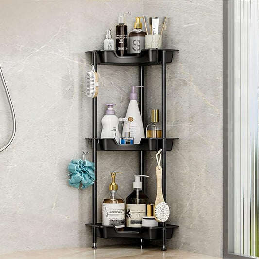 SWTYMIKI Corner Shower Caddy Standing - 3 Tier Rustproof Plastic Shower Caddy, Floor Corner Shelf, Free Standing Rack Storage Stands for Bathroom, Black
