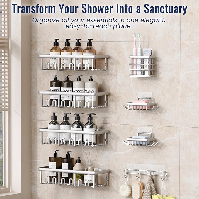 8 Pack Adhesive Rustproof Shower Shelves with Soap Dishes, Toothbrush Holder & Hooks, Large Capacity No-Drilling Shower Shelves Rack for Bathroom Organizers and Storage Accessories, Silver