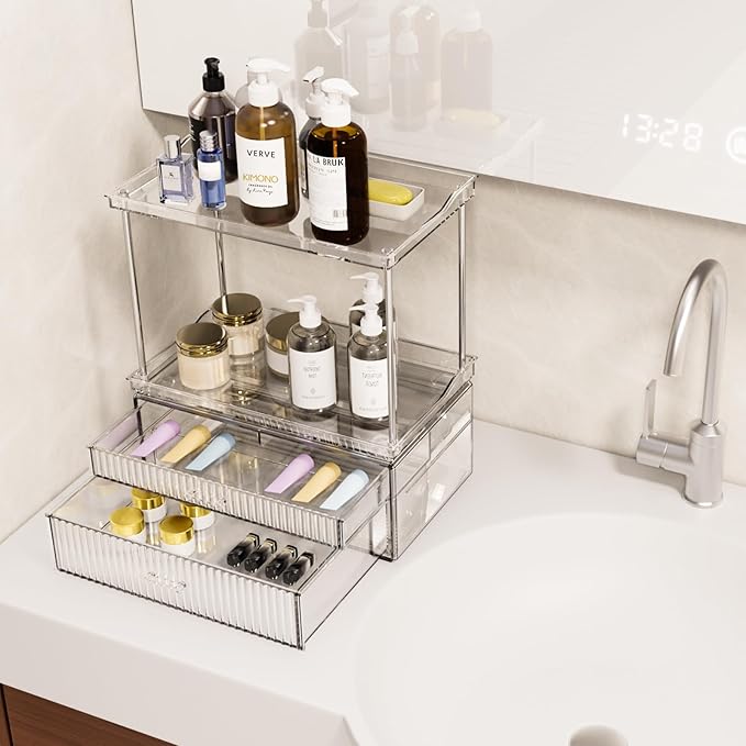 2-Tier 2-Drawer Bathroom Countertop Organizer : Large Multi-Purpose Makeup Vanity Organizer - Perfume & Skincare Storage Amber Clear