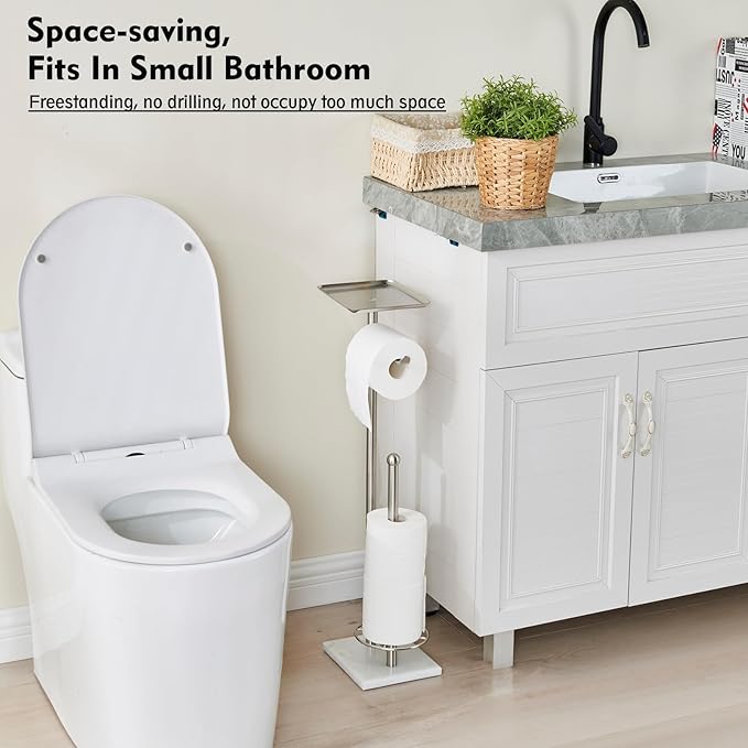 Toilet Paper Holder with Shelf, Free Standing Toilet Paper Holder with Storage - Toilet Paper Stand for Holding Extra 3 Rolls, Tissue Holder for Bathroom (Brushed Nickel with Marble Base)