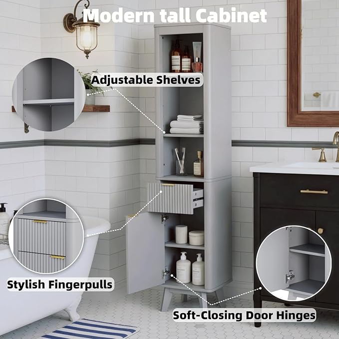XIAO WEI 68" Tall Bathroom Storage Cabinet, Narrow Bathroom Storage Cabinets with 3 Adjustable Shelves, Slim Wooden Storage Cabinet with 1 Drawer & Door for Bathroom, Grey
