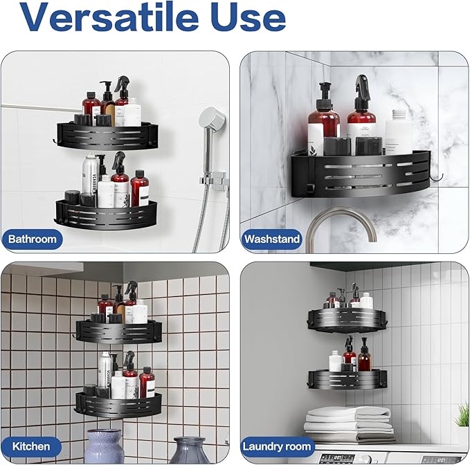 Corner Shower Caddy, 2 Pack Adhesive Shower Caddy Shelf Organizer Shelves Rustproof Stainless Steel Bathroom Organizers with 4 Hooks, No Drilling Wall Mounted Rack for Bathroom Kitchen, Black