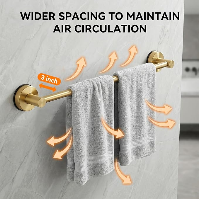 Stainless Steel Suction Cup Towel Bar, Adjustable Towel Racks for Bathroom (14.6-24 Inch) - Bathroom Towel Holder Wall Mounted for Glass Shower Door & Wall (Brushed Gold)