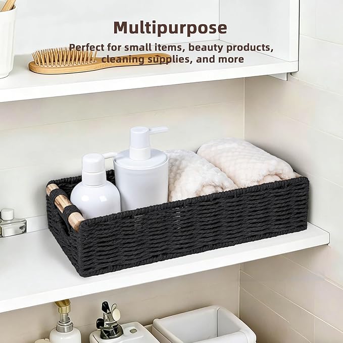 CubesLand Back of Toilet Storage Basket for Organizing w/Cut Out Handle, Handwoven Toilet Tank Top Paper Baskets, Small Wicker Decorative Basket for Countertop, Home, Living Room, Nursery, Black