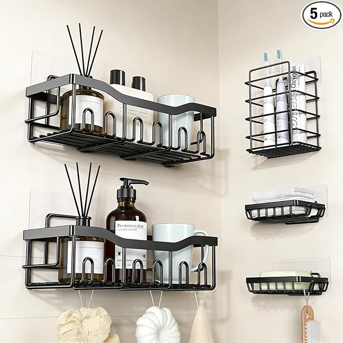 Durable Rustproof Shower Caddy 5 Pack, Stainless Steel Bathroom Storage Accessories, No Drilling Adhesive Shower Organizer, Hanging Bathroom Rack Shelves with Soap Razor Holder Set, Black