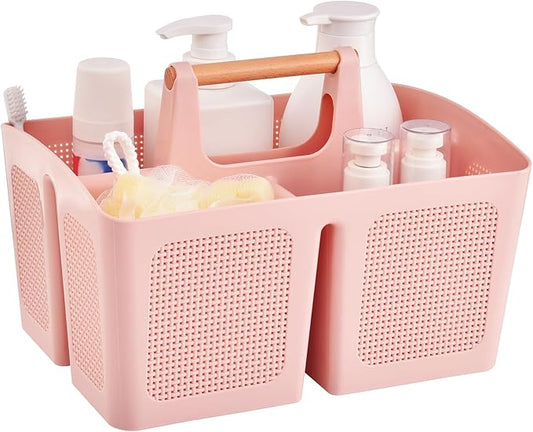 ALINK Portable Shower Caddy Basket with Compartments, Plastic Divided Cleaning Caddy Organizer Storage Tote with Handle for Bathroom, College, Dorm Room Essentials, Pink