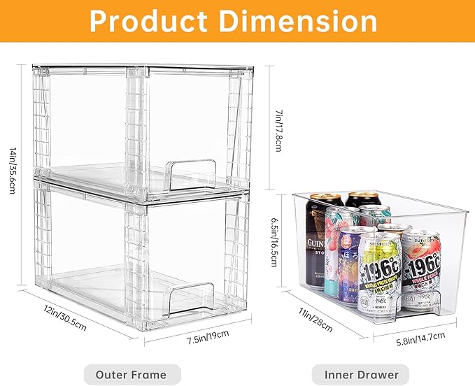 2Pack Large Stackable Kitchen Storage Drawers, Clear Foods Organizer Bins with Handles, Easily Assemble for Bathroom, Kitchen, Pantry, Cabinet, Closet(XL-Down Handle)
