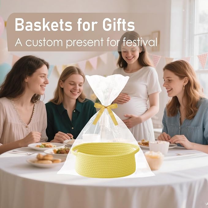 JMvicyroam Woven Basket,Small Rope Storage Bin with Handles & Ribbon Bag, Organizer for Shelves Closets,Gift Basket Empty for Birthday,Books,Dog Toys, Yellow/3 Pack