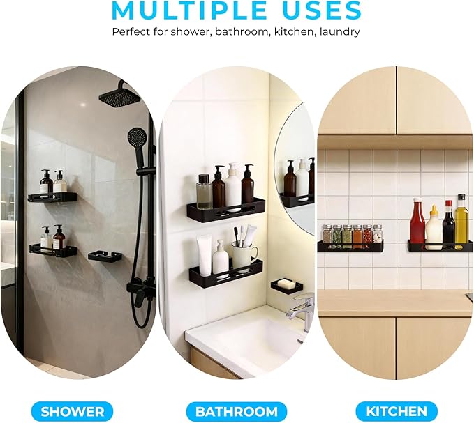Shower Caddy Adhesive, 3 Pack Rustproof 304 Stainless Steel Bath Organizers, No-Drill Shower Shelves Soap Holder for Bathroom Storage, Black