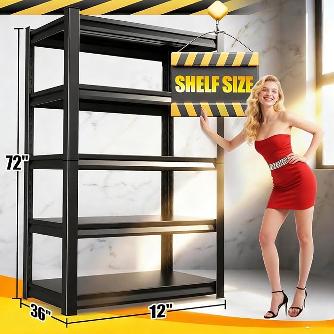 72"H Garage Shelving, Adjustable Garage Storage Shelves 3000LBS Heavy Duty Shelving 5-Tier Metal Shelving Units fou Garage, Utility Shelf Rack for Warehouse,Basement, Shop, 72''H x 36''W x 12''D