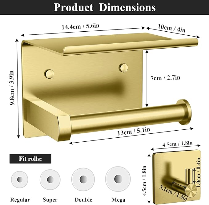 Tindbea Toilet Paper Holder Wall Mount + Towel Robe Hooks, Adhesive or Screw Wall Mounted Toilet Paper Roll Holder with Shelf, Stainless Steel Bathroom Organizers and Storage Kit (Brushed Gold)