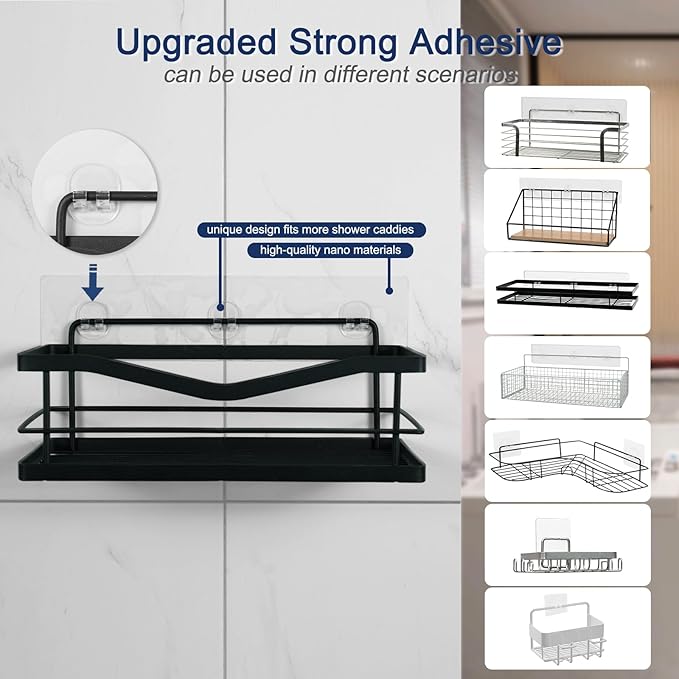 Shower Caddy Adhesive Replacement, 4 Pack Strong Adhesive Shower Hooks, Water-Proof Shower Adhesive Strips, No Drilling for Corner Shelf Basket, Bathroom Storage Shelves and Kitchen Racks