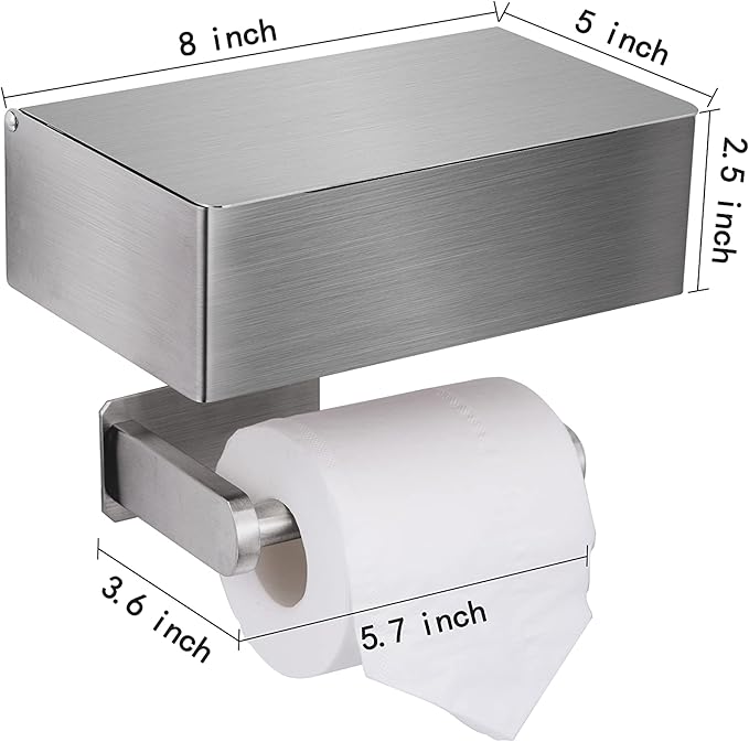 Adhesive Toilet Paper Holder with Shelf and Storage, Wall Mount Toilet Paper Roll Holder & Flushable Wipes Dispenser Set Fits Any Bathroom, Stainless Steel Tissue Holder-Round, Brushed Nickel