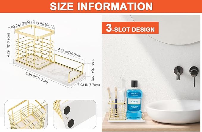 Toothbrush Holder, Luxurious Metal Toothbrush Toothpaste Holder with Marble Base for Bathroom, Multi-Slots Openwork Design, Bathroom Accessory for Storage and Organizer (Large, Gold)