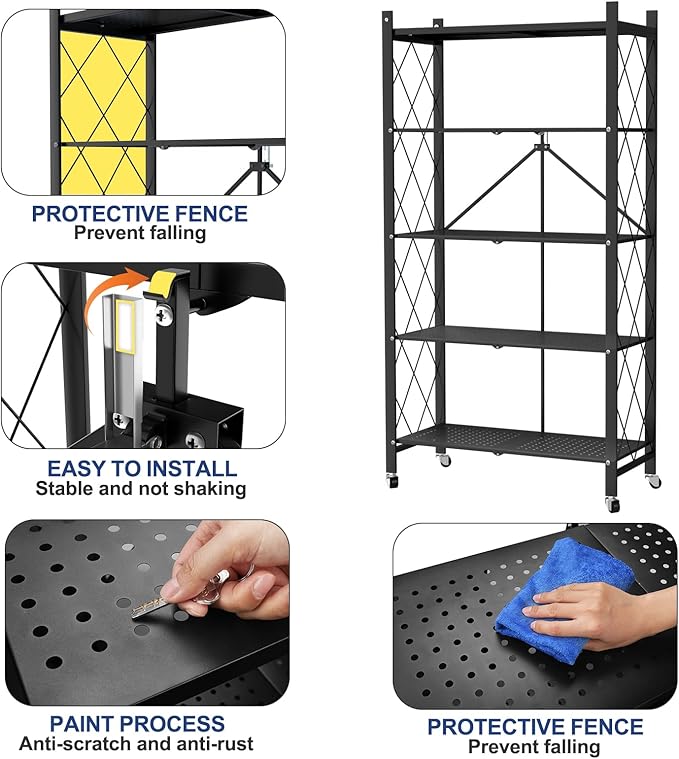 Storage Shelves, 5-Shelf Closet Organizers and Storage Foldable Metal Shelving Units 28.3" W x 13.35" D x 63" H for Garage Kitchen Bakers, Collapsible Organizer Rack, Heavy Duty on Wheels