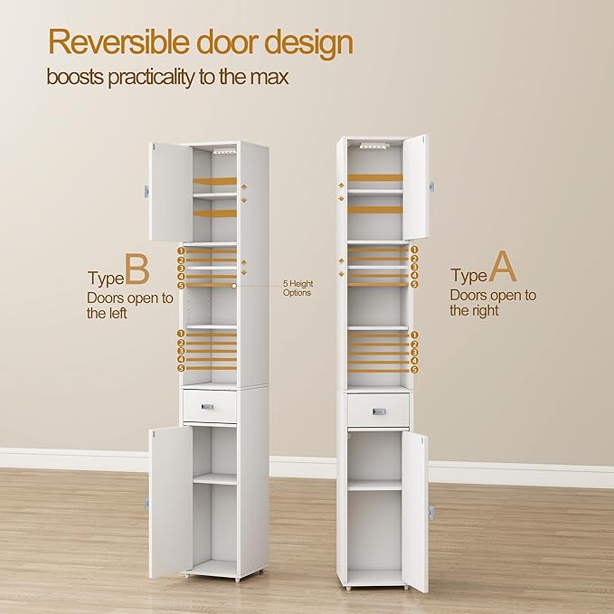 Tall Storage Cabinet, 7.9 Inch Narrow Bathroom Cabinet with USB Magnetic Light, Open Shelf, Magnetic Doors & Drawer, 5 Adjustable Shelves, Anti-Tip Kit for Small Spaces, Living Room, White, 70.9" H