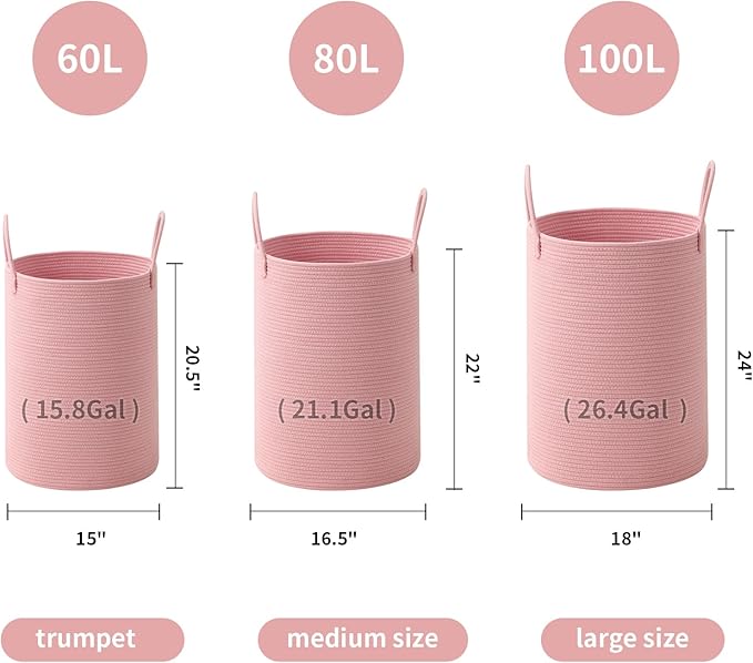 Laundry Basket Hamper Tall Rope Storage Woven for Blanket toys Dirty Clothes in Living Room Bathroom Bedroom (Pink, 60L/15.8Gal)