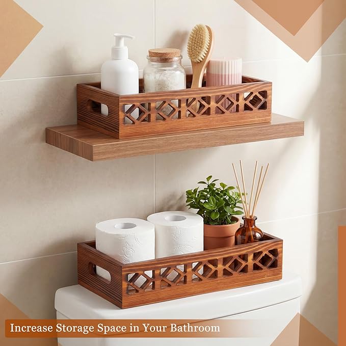 Qunclay 2 Pack Brown Toilet Tank Baskets Wooden Toilet Tank Top Paper Baskets with Handle Rustic Hollow Bathroom Paper Organizer Holders Farmhouse Decorative Bathroom Storage Box