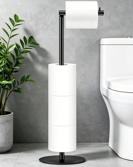 Toilet Paper Holder Stand, Bathroom Toilet Paper Stand with Shelf, Free Standing Toilet Paper Roll Storage Holder for 4 Rolls, Black, Naturous