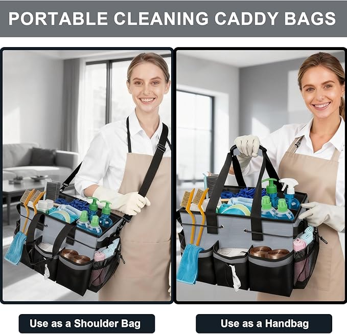 ALSLEA Large Cleaning Caddy Bag 15" x 10½" x 9" Heavy-Duty Organizer Tote for Home, Housekeepers, Janitors Cleaning Caddy for Cleaning Supplies with Shoulder Strap & Multiple Pockets (Gray)