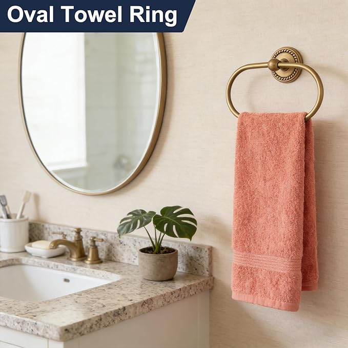 Oval Towel Ring, Brass Towel Holder for Bathroom Wall Mounted, Antique Gold Hand Towel Ring, Fashion Towel Rack Hanger for Washroom, Kitchen, Washbasin, Bar