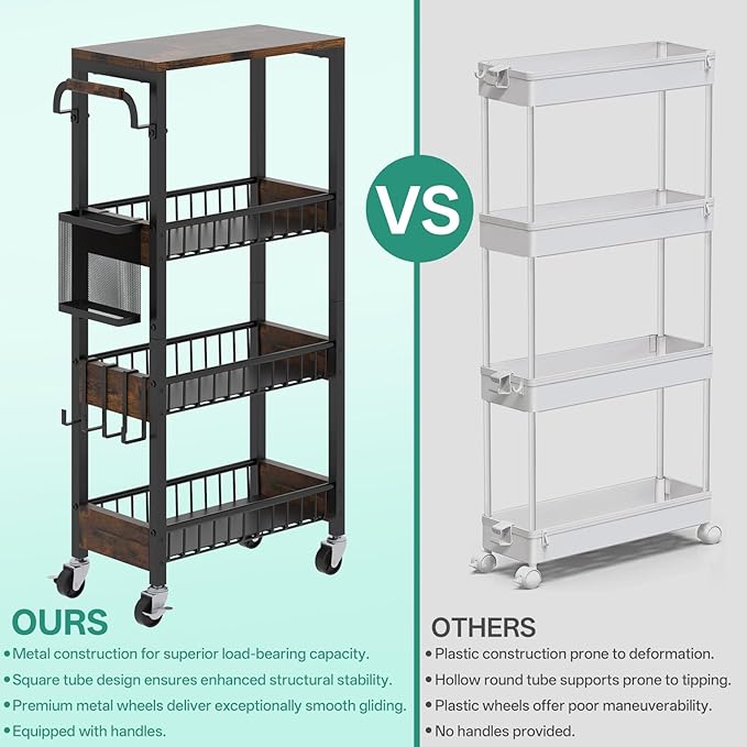 DTUQYX Slim Rolling Storage Cart, 4 Tier Small Organizer Cart with Wheels, Metal Utility Shelf Kitchen Bathroom Laundry Room Organization Trolley with Handle for Narrow Space (9.1" Overall Width)